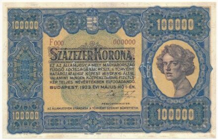 1923. 100.000K 'F000 000000' modern másolat 'COPY' jelzéssel T:I