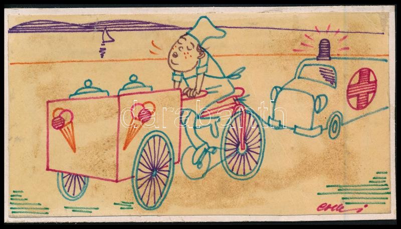 Erdei Sándor (1917-2002): Fagylaltárus a Balatonon (karikatúra), 1970 körül. Filctoll, papír, jelzett. Kartonra kasírozva. Kissé foltos. 8x15 cm