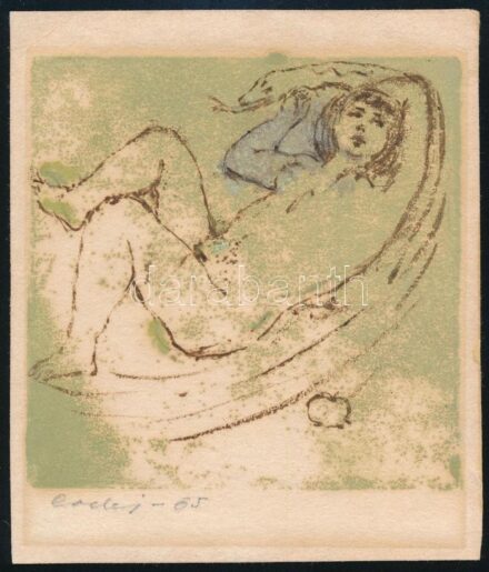 Erdei Sándor (1917-2002): Éva a paradicsomban, 1965. Vegyes technika, papír, jelzett. 10x10 cm