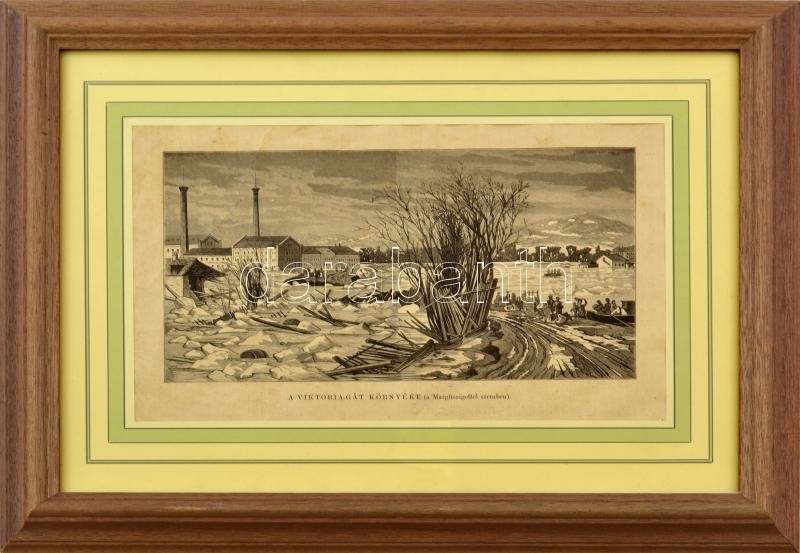 A Viktória-gát környéke (a Margitszigettel szemben). Rotációs fametszet, papír, jelzett a metszeten. Üvegezett fa keretben, 17x27 cm