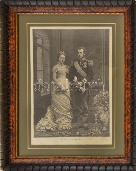 Habsburg Rudolf osztrák-magyar trónörökös és Stefánia belga királyi hercegnő. Rotációs fametszet, papír, jelzett a metszeten. Dekoratív, üvegezett fa keretben, 25x17 cm