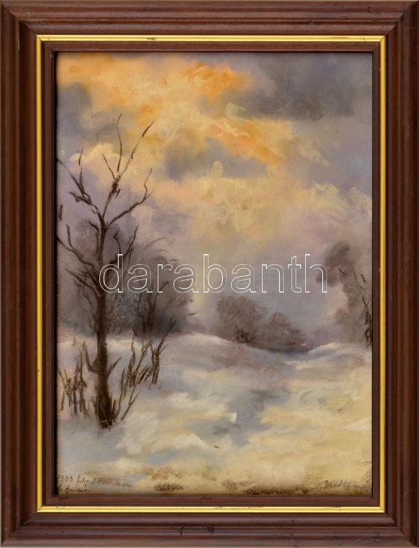 Bertalan Rózsa (1900-1987): Téli táj, 1933. Pasztell, papír, jelzett, üvegezett fa keretben, 29x21 cm