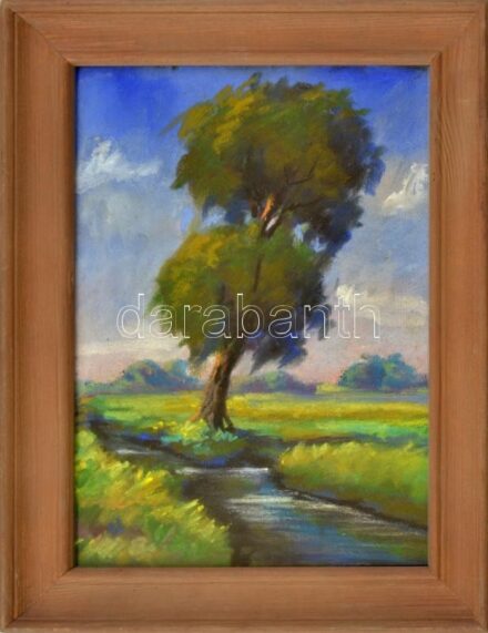 Bertalan Rózsa (1900-1987): Fa a patakparton, 1933. Pasztell, papír, jelzett, üvegezett fa keretben, 29x20 cm