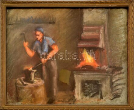 Bertalan Rózsa (1900-1987): Kovácsműhely. Pasztell, papír, jelzés nélkül, dekoratív, üvegezett keretben, 23x31 cm