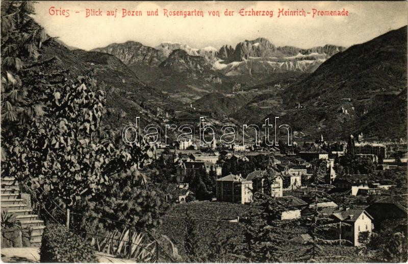 Bolzano, Bozen (Südtirol); Gries, Blick auf Bozen und Rosengarten von der Erzherzog Heinrich-Promenade / general view, villas