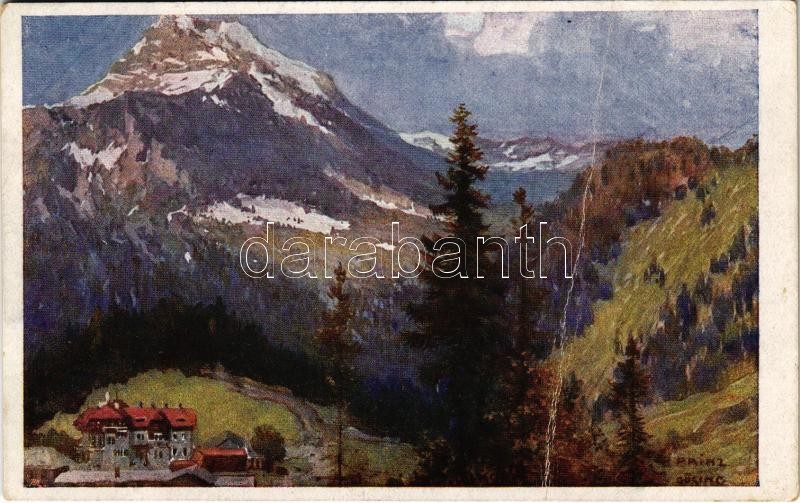 1918 Gösing an der Mariazellerbahn, mit dem Ötscher. Künstler Postkarte B.K.W.I. Serie 226-7. s: K. Ludwig Prinz (fa)