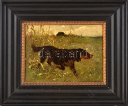 Heyer Artúr (1872-1931): Vadászkutya. Olaj, vászon, jelzett, javított, sérült. Dekoratív, sérült fakeretben. 31×39,5 cm