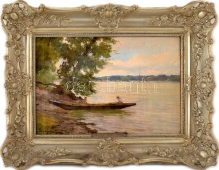 Maróti Major Jenő (1871-1945): Csónakázók. Pasztell, papír, jelzett. Dekoratív, áttört, kissé sérült üvegezett fakeretben, 35×50 cm.