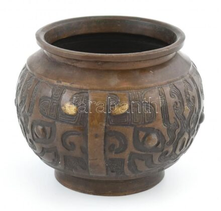 Antik bronz kaspó, kopásnyomokkal jelzés nélkül, m: 10 cm