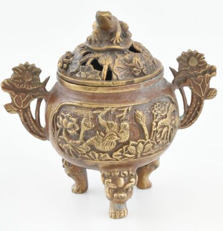 Békás, bronz, keleti füstölőedény, jelzés nélkül, kopott, m: 13 cm