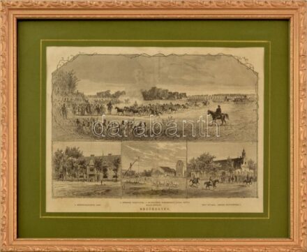 Morelli Gusztáv (1848-1909): Mezőhegyes, ménes. Rotációs fametszet, papír, jelzett a metszeten. Dekoratív, kissé sérült, üvegezett keretben, 24x32 cm