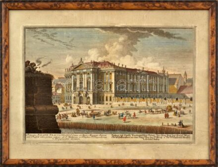 Kleiner, Salomon (1700-1761) - Corvinus, Johann August (1683-1738): Prospectus Palatii Trautsoniani (Bécs, Trautson-palota). Színezett rézmetszet, papír, a lap széle kissé koszos. Üvegezett fa keretben, 23x34 cm / Palais Trautson, Vienna /