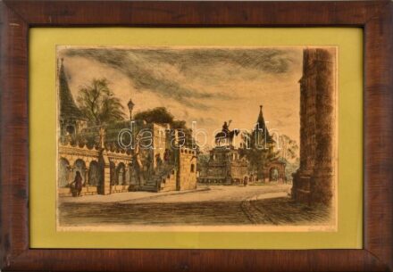 Élesdy István (1912-1987): Bástyarészlet (Bp., Halászbástya, Szent István-szobor). Színezett rézkarc, papír, jelzett. Üvegezett fa keretben, 30x39 cm