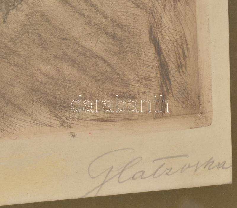 Glatz Oszkár (1872-1958): Buborékfújás (cím nélkül). Színezett rézkarc, papír, jelzett. Dekoratív, üvegezett keretben, kisebb felületi sérüléssel / ázásnyommal, 34,5x27 cm - Image 2