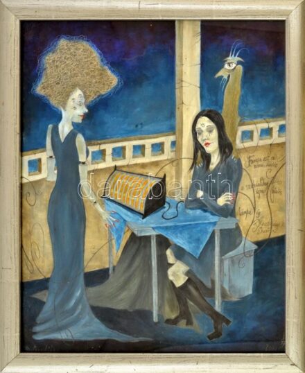 Szenténé Kálvai Mária (1939-): Melegedők (Kosztolányi Dezső idézettel). Vegyes technika, papír, jelezve jobbra lent. Üvegezett fakeretben, 50×40 cm.