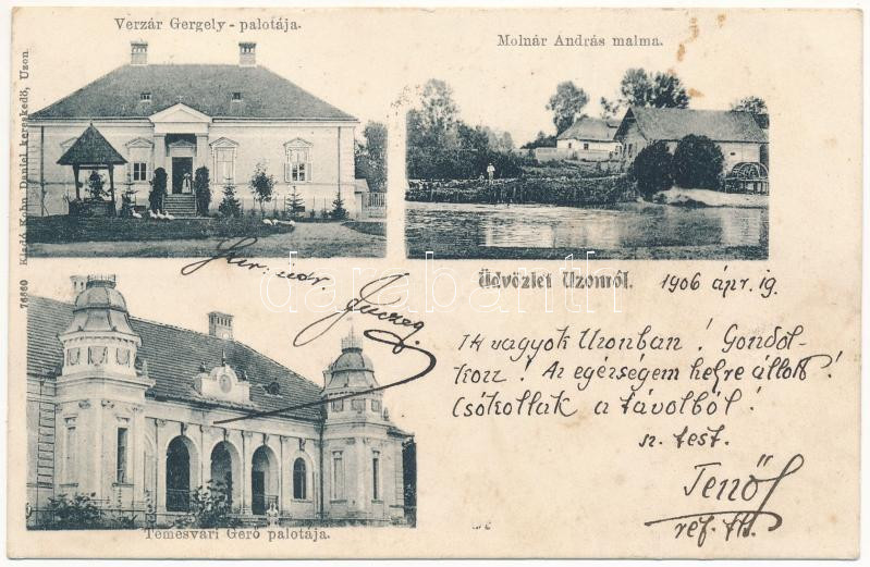 1906 Uzon, Usendorf, Ozun; Molnár András malom, Verzár Gergely és Temesvári Gerő palotája. Kohn Dániel kiadása / mill, castles (EK)