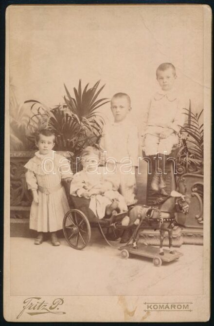 1898 Gyerekek játékokkal, keményhátú fotó Fritz komáromi műterméből, kartonon törésnyom, hátoldalon feliratozva, 16,5×10,5 cm