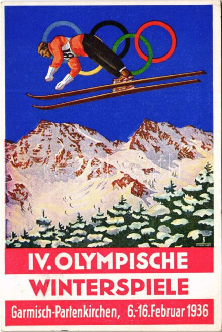 1936 Garmisch-Partenkirchen IV. Olympische Winterspiele / 1936. évi téli olimpiai játékok / Winter Olympics in Garmisch-Partenkirchen advertisement card, winter sport, ski jump s: Schroffner + So. Stpl.