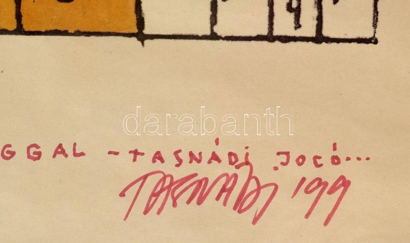 Tasnádi József (1960-): Joseph Roulette, 1999. Nyomat, papír. Jelezve jobbra lent. Autográf ajándékozási sorokkal. Üvegezett, kissé sérült fakeretben. 50×82 cm - Image 2