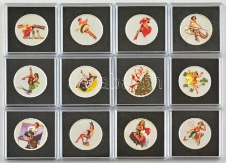 ~2000. 'Ezüstnaptár' festett pin-up motívumos naptárérem sorozat (12xklf), mind jelzett Ag, a februári érem kivételével mind tanúsítvánnyal, dísztokban (7,78g/0.999/30mm) T:PP