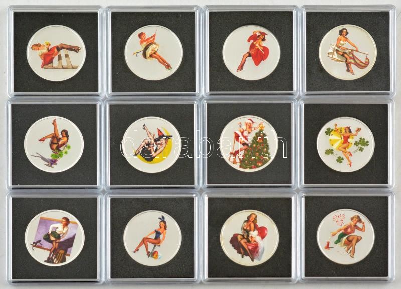 ~2000. 'Ezüstnaptár' festett pin-up motívumos naptárérem sorozat (12xklf), mind jelzett Ag, a februári érem kivételével mind tanúsítvánnyal, dísztokban (7,78g/0.999/30mm) T:PP