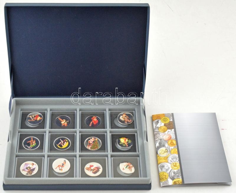 ~2000. 'Ezüstnaptár' festett pin-up motívumos naptárérem sorozat (12xklf), mind jelzett Ag, a februári érem kivételével mind tanúsítvánnyal, dísztokban (7,78g/0.999/30mm) T:PP - Image 3