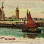 1900 Cuxhaven, Gruss aus dem Nordseebad. Meteor Bitte gegen das Licht zu halten / hold to light litho