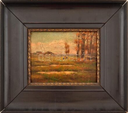 Récei Gy. jelzéssel, XX. sz. eleje: Aratás. Olaj, fa, kissé sérült. Dekoratív, antik, kissé sérült fakeretben. 15,5x20 cm