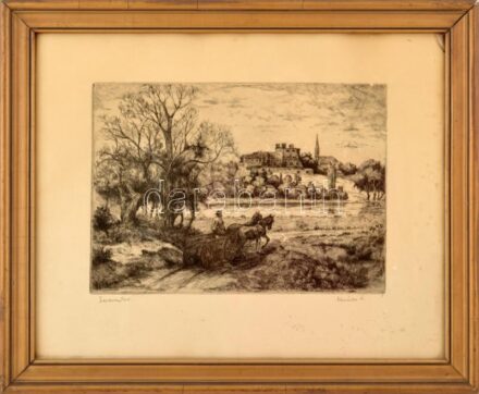 Mészáros Lajos (1925-1971): Lovasszekér. Rézkarc, papír, jelzett, lap széle kisé foltos, üvegezett fakeretben, üveg jobb felső sarkában törött. 24,5×34 cm