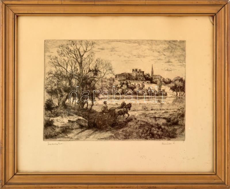 Mészáros Lajos (1925-1971): Lovasszekér. Rézkarc, papír, jelzett, lap széle kisé foltos, üvegezett fakeretben, üveg jobb felső sarkában törött. 24,5×34 cm