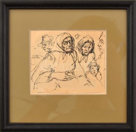 Kássa Gábor (1893-1961): Piacon. Tus, papír, jelzés nélkül, üvegezett fakeretben, 8×9,5 cm