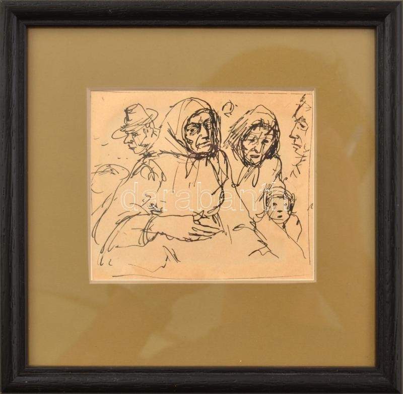 Kássa Gábor (1893-1961): Piacon. Tus, papír, jelzés nélkül, üvegezett fakeretben, 8×9,5 cm