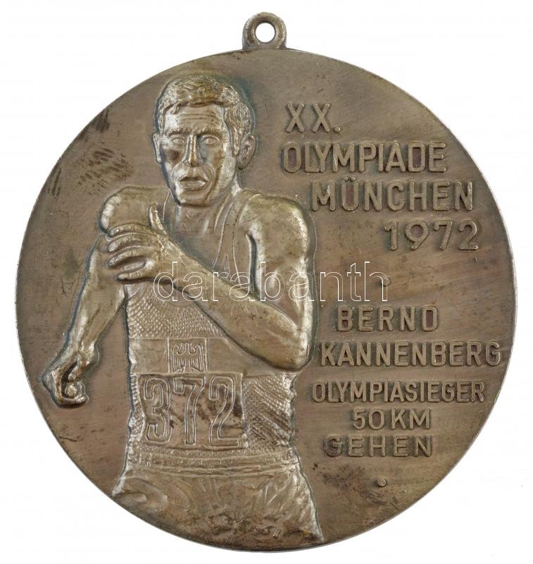 Németország 1977. 'XX. Olimpia, München, 1972. - Bernd Kannenberg - az 50km-es gyaloglás olimpiai bajnoka' kétoldalas, ezüstözött, festett bronz emlékérem füllel (80mm) T:2 kopott ezüstözés, ph Germany 1977. 'XX. Olympia, Munich,