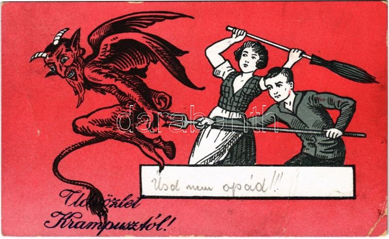 1933 Üdvözlet a Krampusztól / Krampus greeting, man with pitchfork and lady with broom (fa)