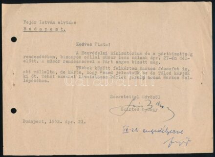 1952 Bp., Markos József (Alfonzó, 1912-1987) fellépési engedély kérelme Szirtes György (1923-2009) színi-igazgató aláírásával