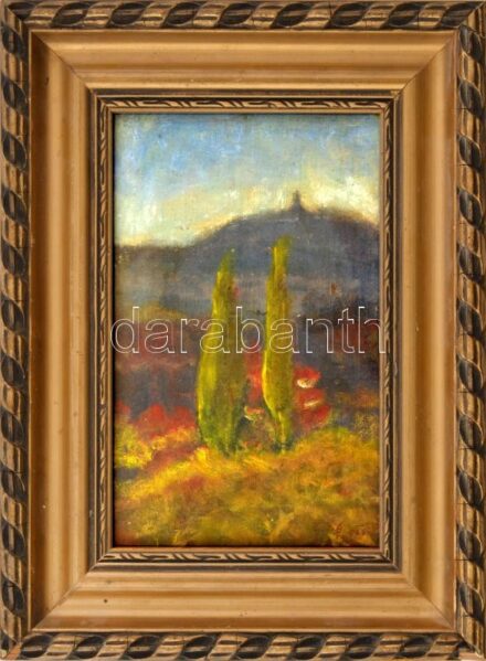 Gách István Lipót (1880-1962): Itáliai táj. Olaj, karton. Jelezve jobbra lent. Üvegezett, kissé sérült fakeretben. 19x13 cm