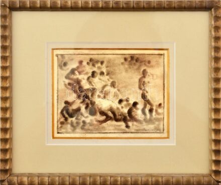 Ruzicskay György (1896-1993): Fürdőzők. Ceruza, papír, jelezve jobbra lent, 8×10,5 cm. Üvegezett fakeretben.