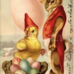 1902 Easter greeting art postcard with rabbit, chicken and eggs. litho (szakadások / tears)