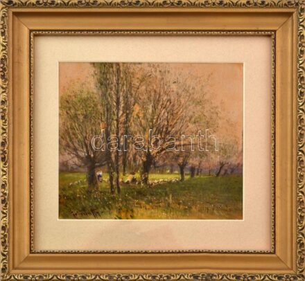 Istvánffy Gyula (1857-1943): Juhász nyájával. Vegyes technika, papír, jelezve balra lent. Üvegezett fakeretben, 15×17,5 cm