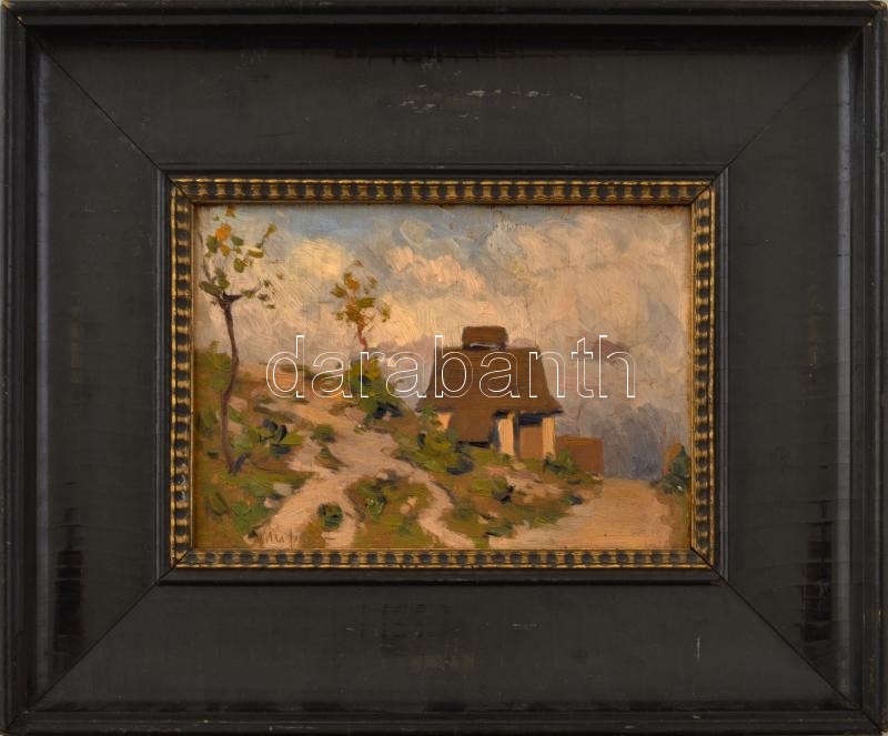 Aradi Edvi Illés Jenő (1886-1962): Napfényes táj. Olaj, rétegelt falemez, jelezve balra lent. Dekoratív, kissé sérült fakeretben, 16×24 cm