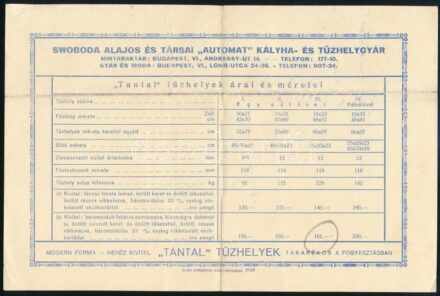cca 1930 Swoboda Alajos és Társai Automat Kályha- és Tűzhelygyár 'Tantal' tűzhelyek reklámlap