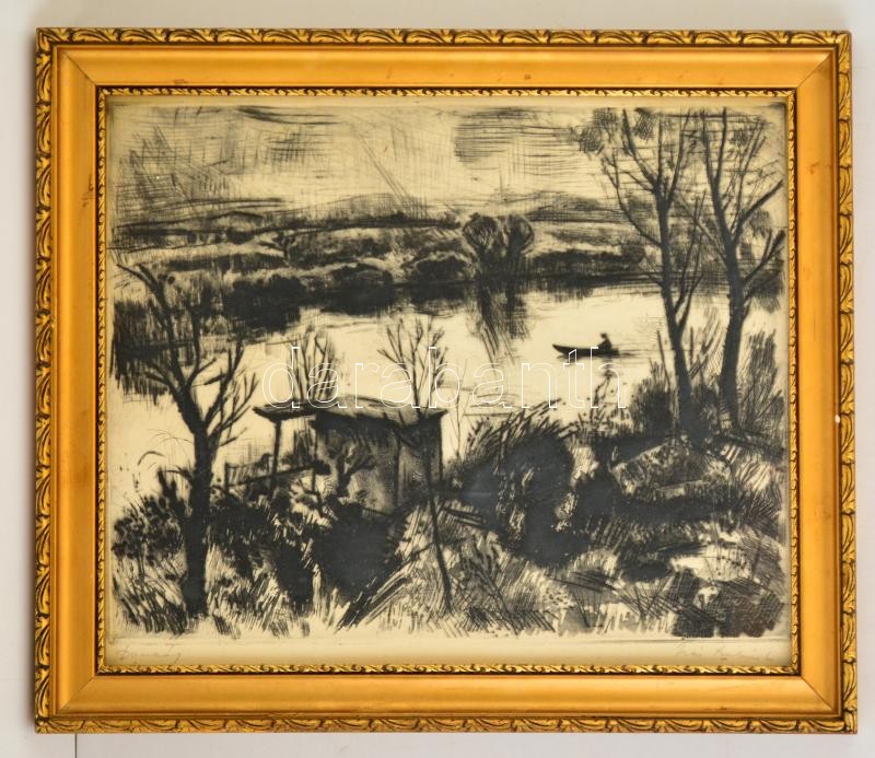 Iván Szilárd (1912-1988): Dunaág. Rézkarc, papír, jelzett, üvegezett keretben, 29×38 cm - Image 3