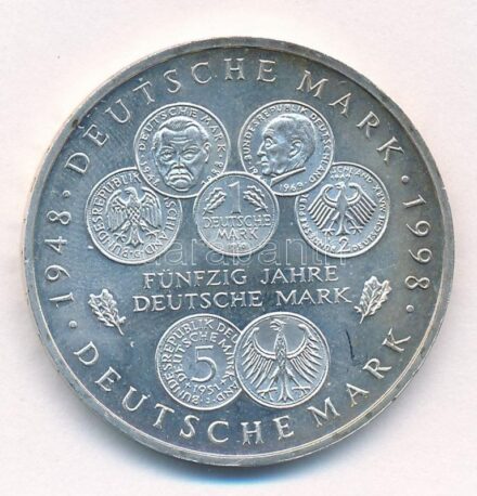 Németország 1998F 10M Ag '50 éves a Német Márka' T:1- kis patina Germany 1998F 10 Mark Ag '50 Years of the Deutsche Mark' C:AU small patina Krause KM#195