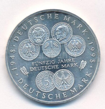 Németország 1998F 10M Ag '50 éves a Német Márka' T:1- kis patina Germany 1998F 10 Mark Ag '50 Years of the Deutsche Mark' C:AU small patina Krause KM#195