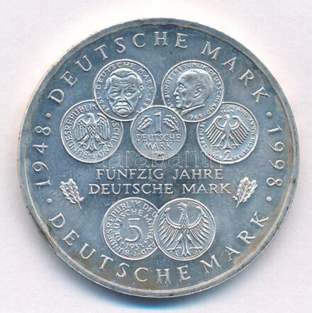 Németország 1998F 10M Ag '50 éves a Német Márka' T:1- kis patina Germany 1998F 10 Mark Ag '50 Years of the Deutsche Mark' C:AU small patina Krause KM#195