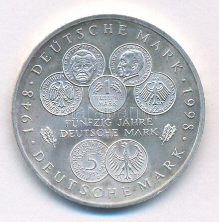 Németország 1998F 10M Ag '50 éves a Német Márka' T:1- kis patina Germany 1998F 10 Mark Ag '50 Years of the Deutsche Mark' C:AU small patina Krause KM#195