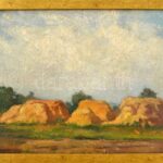 Olvashatatlan jelzéssel: Szénaboglyák. Olaj, vászon. Dekoratív fakeretben. 20×46 cm