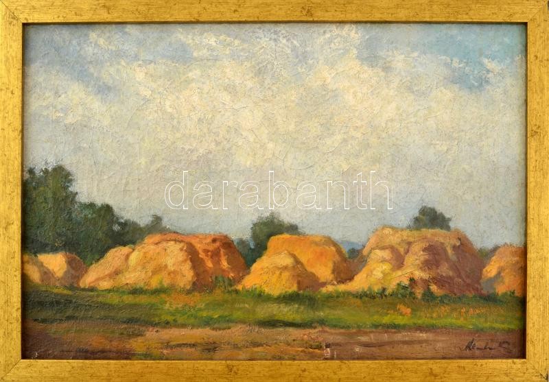 Olvashatatlan jelzéssel: Szénaboglyák. Olaj, vászon. Dekoratív fakeretben. 20×46 cm