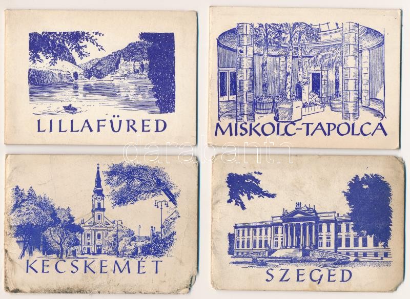 5 db MODERN magyar kis alakú leporellofüzet: Kecskemét, Szeged, Lillafüred, Miskolc-Tapolca, Harkányfürdő / 5 modern Hungarian mini leporello booklets