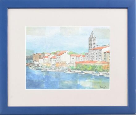 Olvashatatlan jelzéssel: Mediterrán vízparti város. Akvarell, tus, papír. Üvegezett fakeretben. 17x22,5 cm